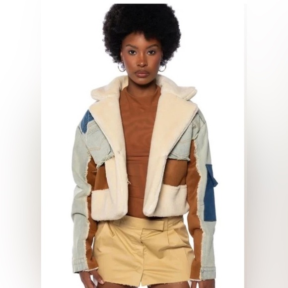 DENIM SHEARLING CROP JACKET. Multiple Colors. - Picture 5 of 7